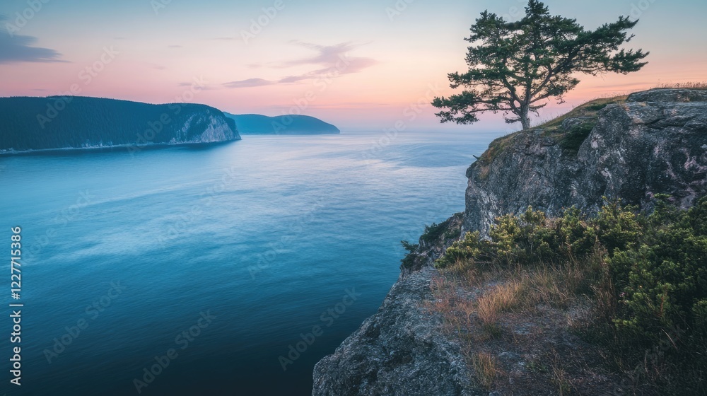 Poster tranquil coastal scene from elevated cliff with distant islands during twilight with soft pastel col