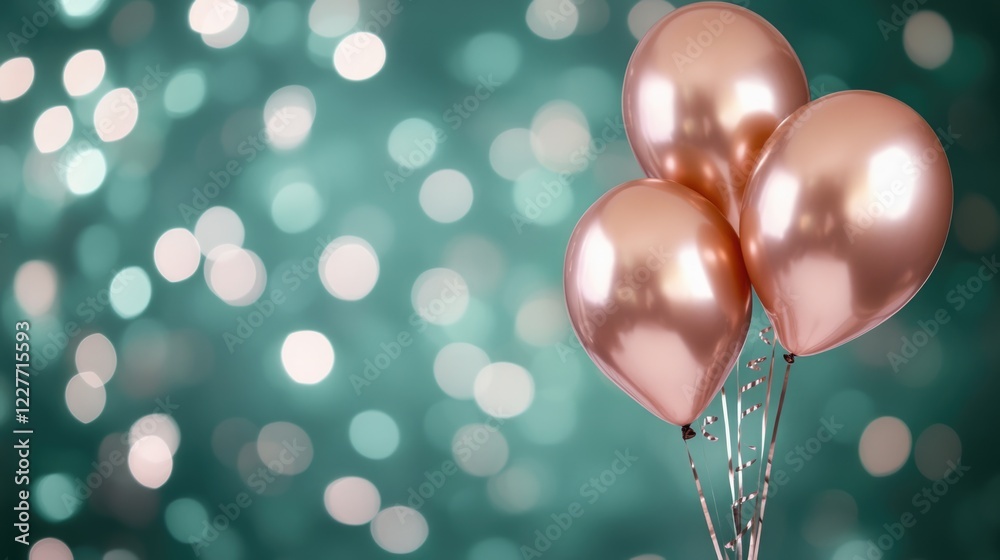 Poster Rose gold balloons against a shimmering green bokeh background creating an elegant atmosphere for birthday celebrations and special events.