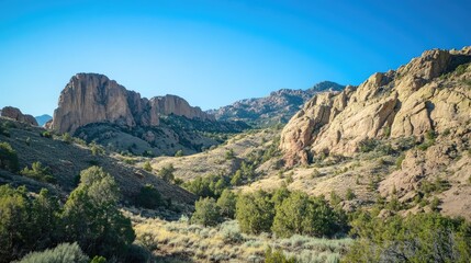 Rocky mountain landscape under a clear blue sky showcasing rugged terrain and lush greenery in a serene natural environment