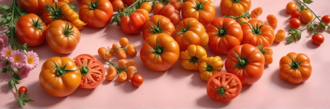 Roter und orange gestreifter Tomatenstrunk mit Blumen auf Pastellhintergrund, dunkel, heller, rot