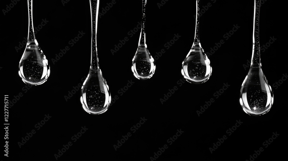 Poster water droplets cascading in a series against a transparent background showcasing clarity and fluidit