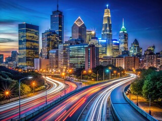 Fototapeta premium Dramatic long exposure captures Philadelphia's skyline at night, a vertical panorama of urban lights.