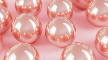 Rose gold latex balloons arranged aesthetically on a soft pink background showcasing a metallic shine and modern elegance.