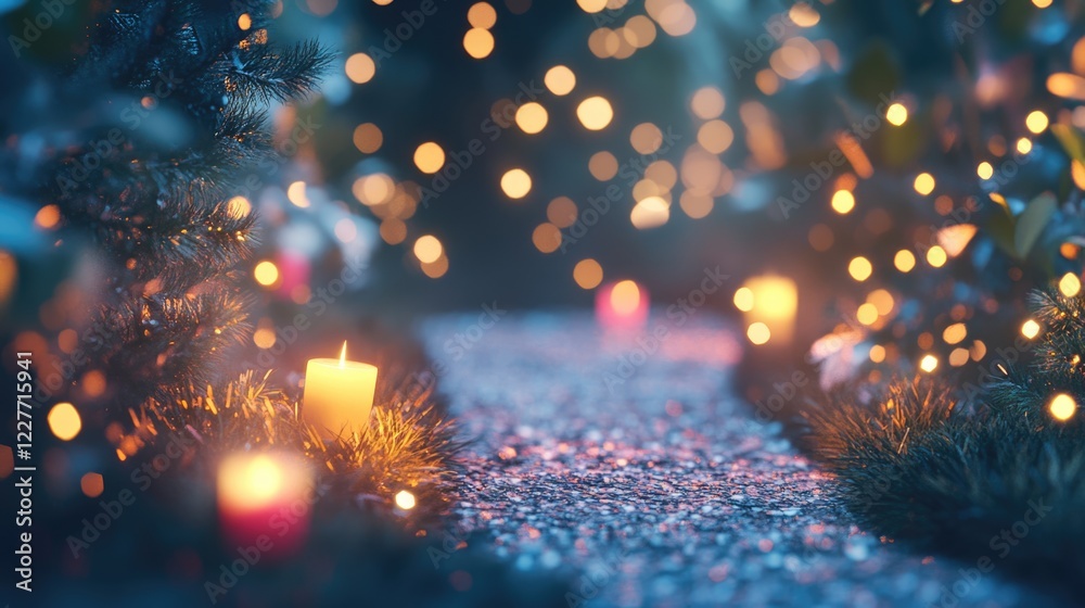 Aufkleber Enchanting pathway illuminated by soft glowing lights and vibrant bokeh creating a serene Christmas atmosphere filled with holiday charm