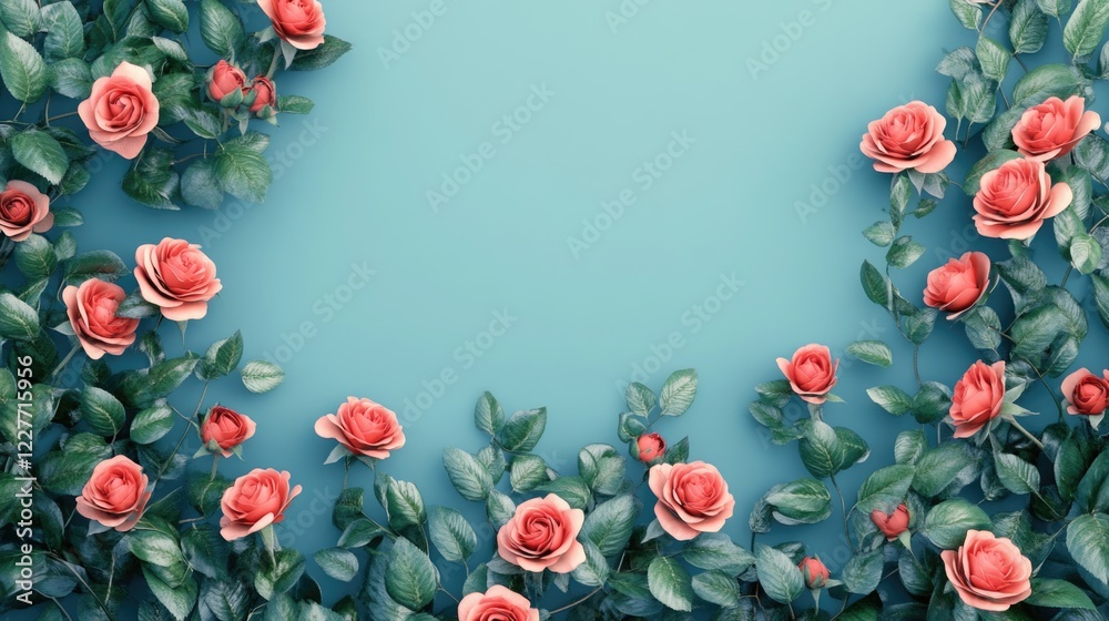 Poster Rose bush with pink flowers on a blue background creating a beautiful empty space for text or design elements in an elegant composition
