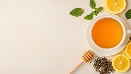 A top-down view of  tea, surrounded by dried herbs, lemon slices and honey, arranged neatly on a soft beige background with copy space