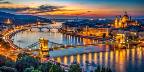 Fototapeta premium Budapest Night Panorama: Illuminated Danube River, Chain Bridge & City Lights