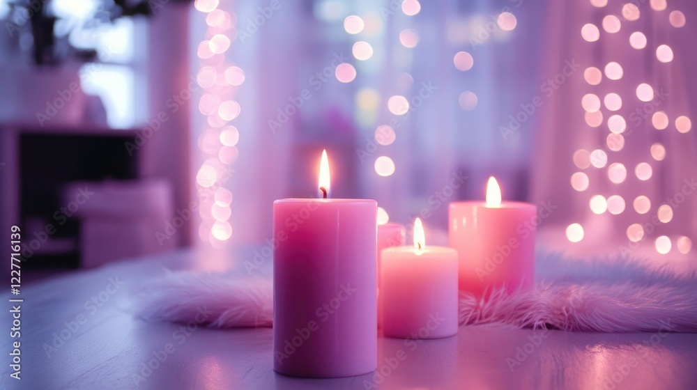 Aufkleber Cozy room with pink pastel candles and soft LED lights creating a serene bokeh effect for a calming ambiance.