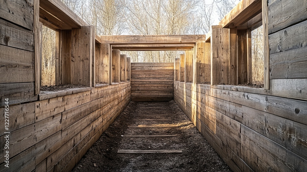 Aufkleber Rustic wooden shooting range designed with timber walls and open windows surrounded by trees and natural light.