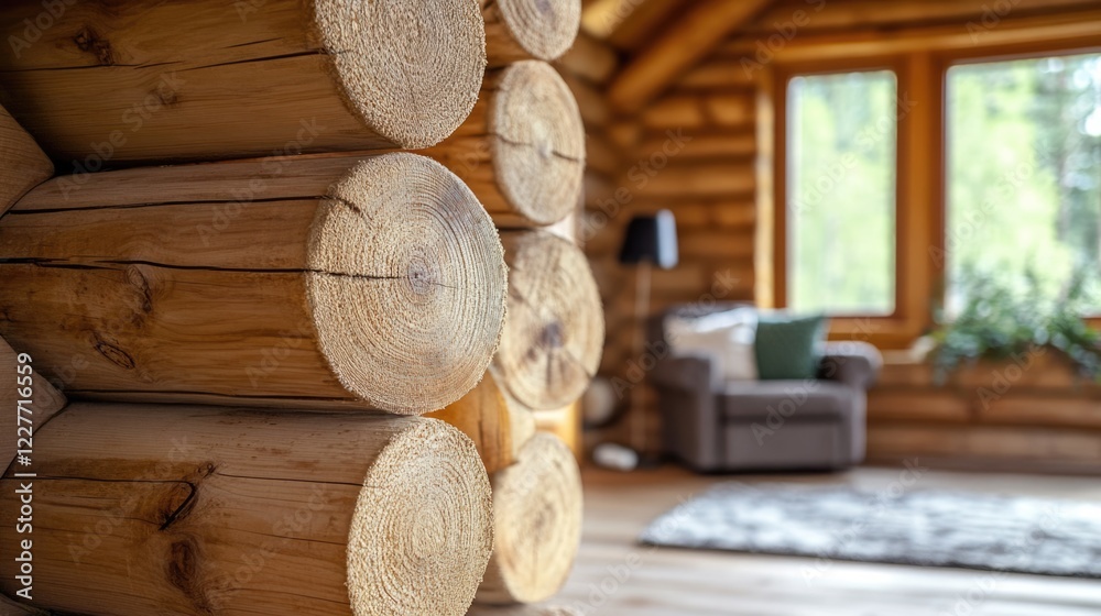 Poster rustic log cabin interior showcasing warm wooden textures and natural elements with empty space for 