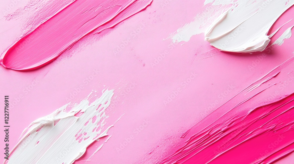 Poster Minimalistic abstract background featuring white and pink brush strokes on a smooth pink surface for modern design projects