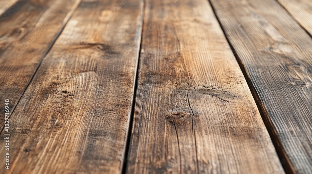 Aufkleber Rustic wooden tabletop surface texture with blurred white bokeh background in a high angle view for creative design or photography use