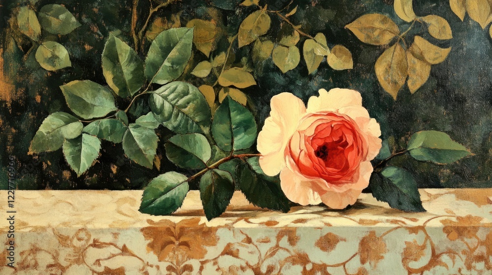 Poster elegant rose resting on ornate table with lush green leaves creating a natural backdrop for a serene