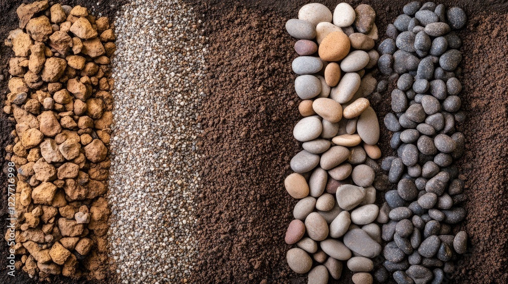 Poster Sorted soil and pebbles in varying sizes displayed in a row showcasing nature's textures and earthy tones for landscaping or gardening use