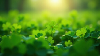 This lush green expanse captures the heart of St. Patrick's Day, showcasing a lone Four-Leaf clover in crisp detail, while the surrounding clovers blur in serene harmony.