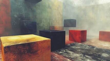 Abstract composition of floating colored cubes in a misty, surreal environment