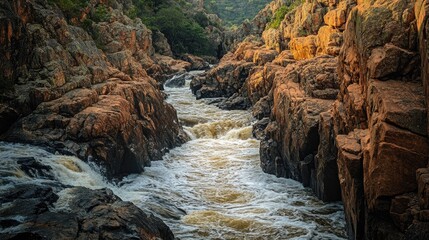 Rocky gorge with strong river rapids flowing through rugged mountain landscape under a vibrant sky showcasing natural beauty and adventure