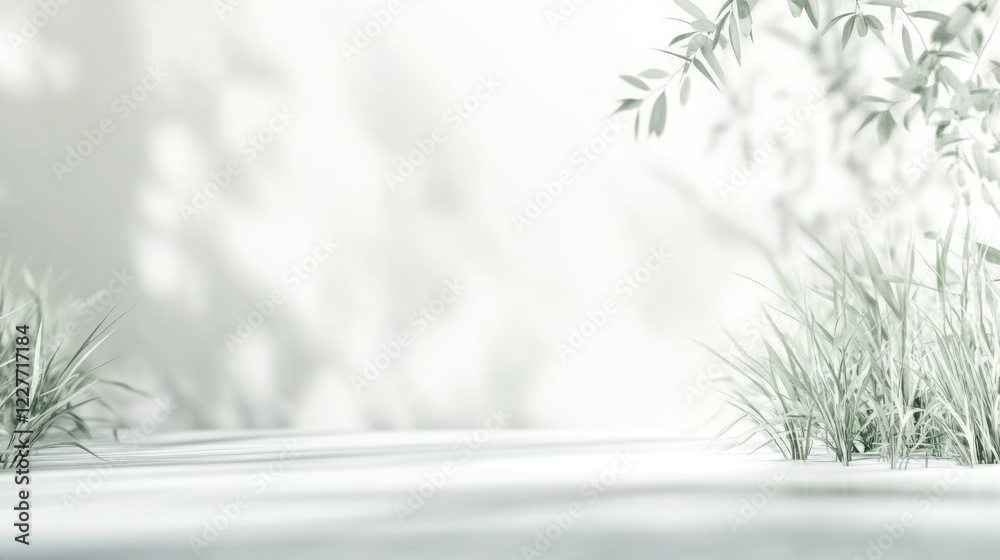 Poster serene blurred tall grasses on a minimalist white background conveying tranquility and open space fo