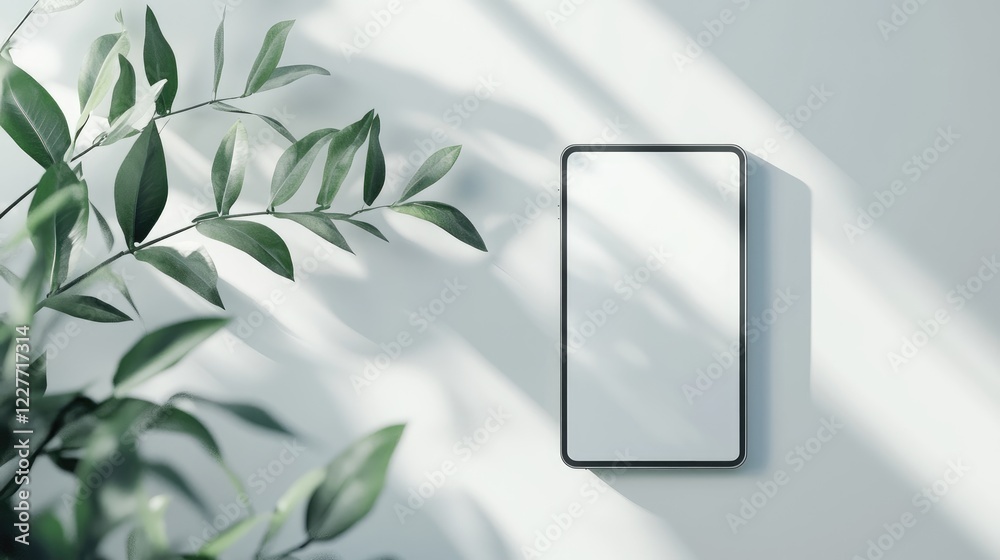 Aufkleber Sleek digital tablet mockup against a soft light background with plant shadows for modern tech and visual concept presentations