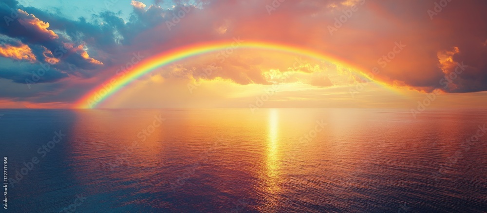 Poster colorful aerial view of rainbow and golden sunset over tranquil sea with expansive sky ideal for tex