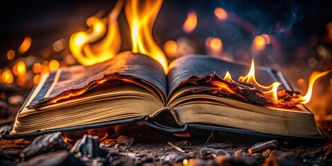 Burnt Bible, Dark Background, Bokeh Effect - Religious Stock Photo