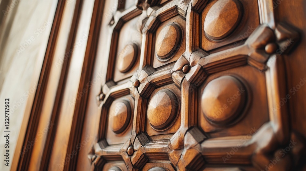 Poster Close up of an intricately designed wooden front door showcasing detailed craftsmanship and unique character with ample text space for design use