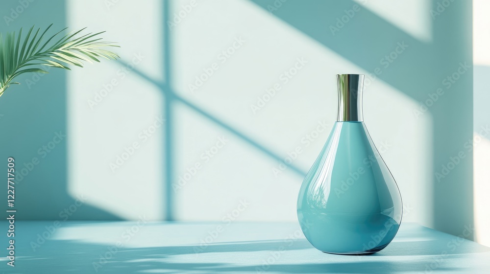 Poster elegant blue perfume bottle on a light surface with soft reflections and shadows creating a serene, 
