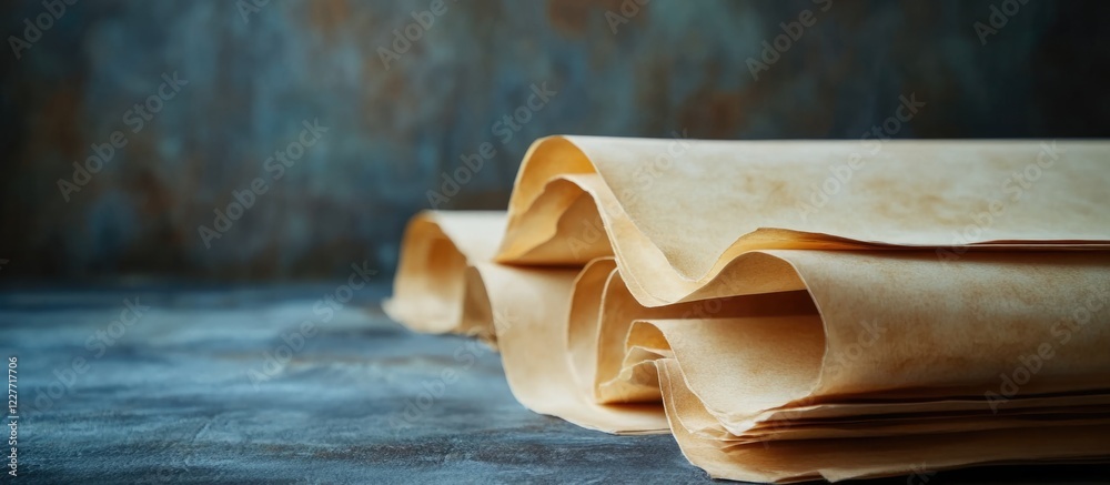 Poster close up of stacked parchment papers with textured background and ample copy space for text in an in