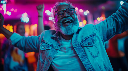 Obraz premium Joyful Senior Man Dancing at Nightclub Under Neon Lights