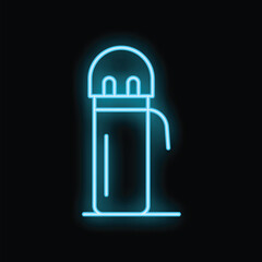 Blue neon sign of a thermos glowing on a black background