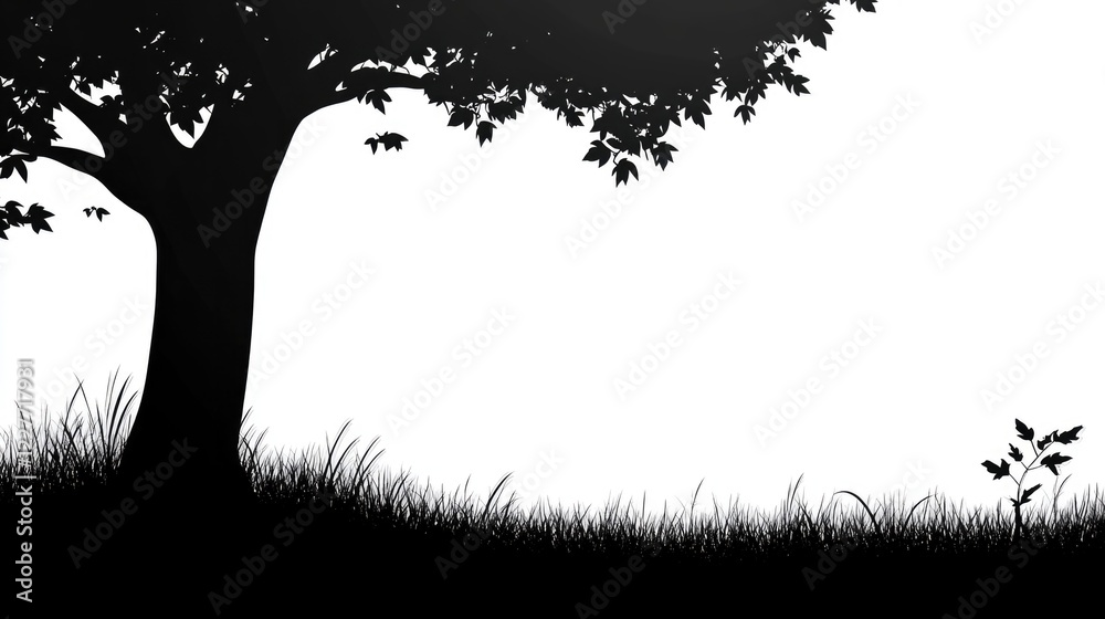 Aufkleber silhouette of a majestic tree with grass in a serene park setting captured in elegant black and whit