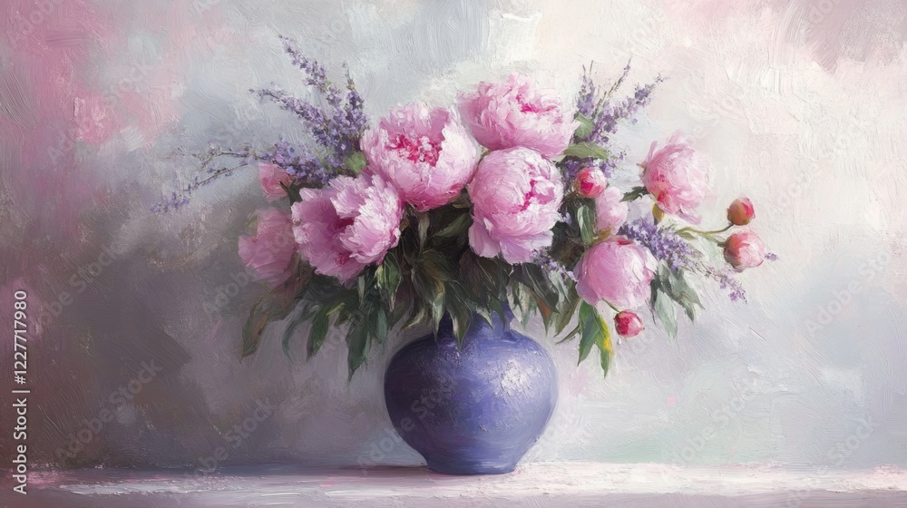 Poster elegant pink peonies arranged in a lavender vase against a soft pastel background creating a tranqui