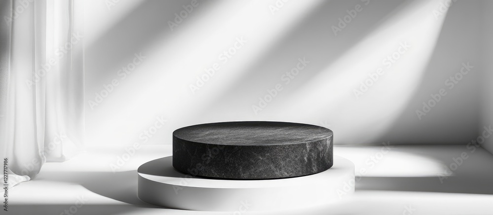 Poster black round stone pedestal with high contrast shadows on white background for product display and cr