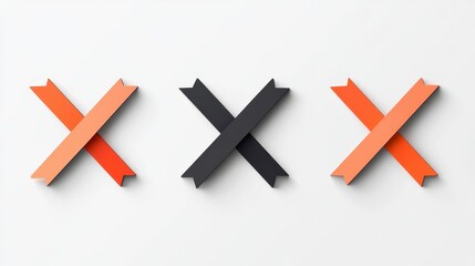 Fototapeta premium Three dimensional pastel colored X shapes created with layered tape, arranged horizontally against a white background. Clean lines and shadowing