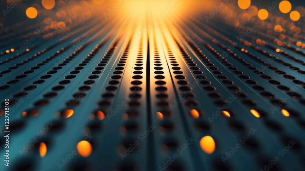 Poster abstract industrial perspective of a stainless steel grate featuring dotted patterns and light effec