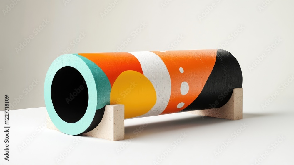Poster Sleek Decorative Cylinder with Colorful Geometric Patterns on Minimalist Stand