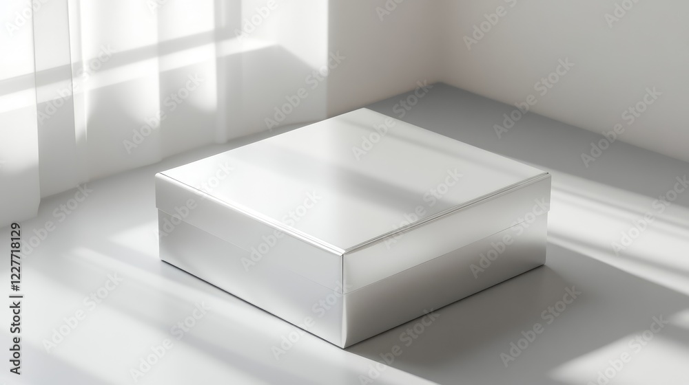 Aufkleber minimalist white box on sleek metallic surface with soft natural light and clean lines in contempora