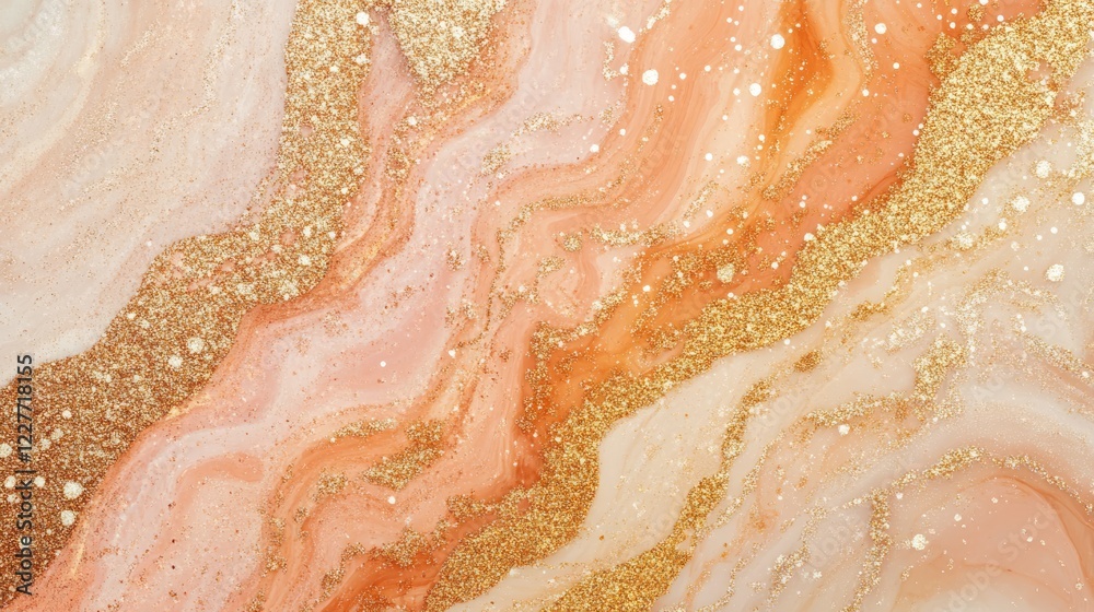 Poster Rose gold and peach abstract glitter background with soft waves and sparkling accents for elegant design use.