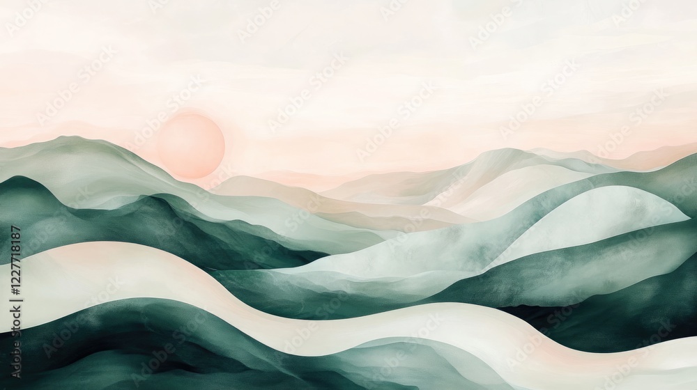 Poster serene abstract landscape featuring soft blush and forest green waves under a gentle sunlit sky crea