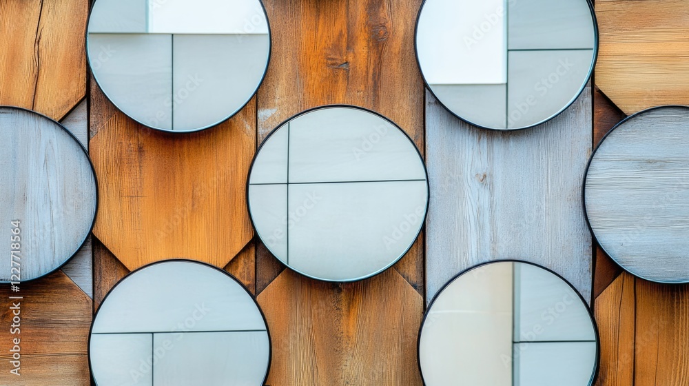 Poster creative arrangement of round mirrors on a wooden grid showcasing abstract modern interior design el