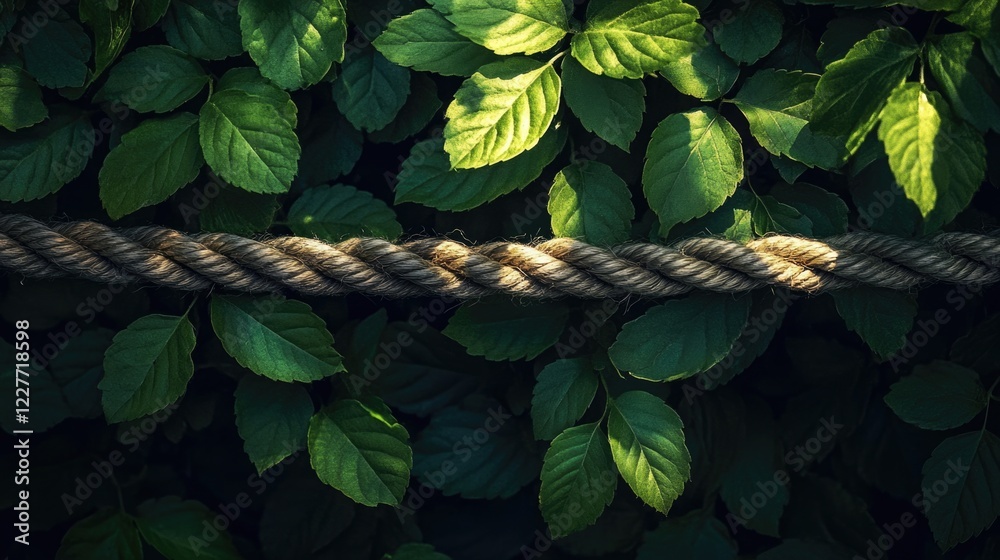 Poster Rope texture intertwined with lush green leaves creating a natural and serene backdrop with subtle light and shadow effects