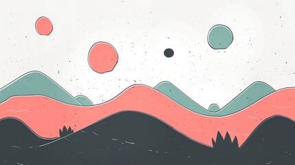 Abstract landscape with colorful hills and celestial bodies, creating a serene atmosphere