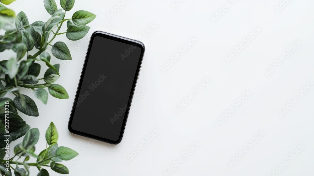 Poster modern smartphone mockup surrounded by greenery on a minimalistic white background for advertising a