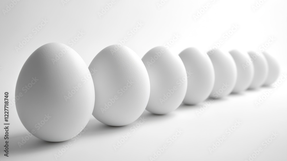 Aufkleber Plain white eggs arranged in a neat row on a soft white background for a minimalist and clean aesthetic.