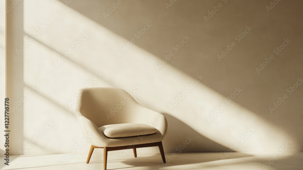 Poster minimalist lounge chair featuring sleek design illuminated by natural light in a serene neutral back