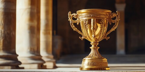 Golden trophy on display symbolizing achievement and excellence with ample space for text highlighting victory and success themes