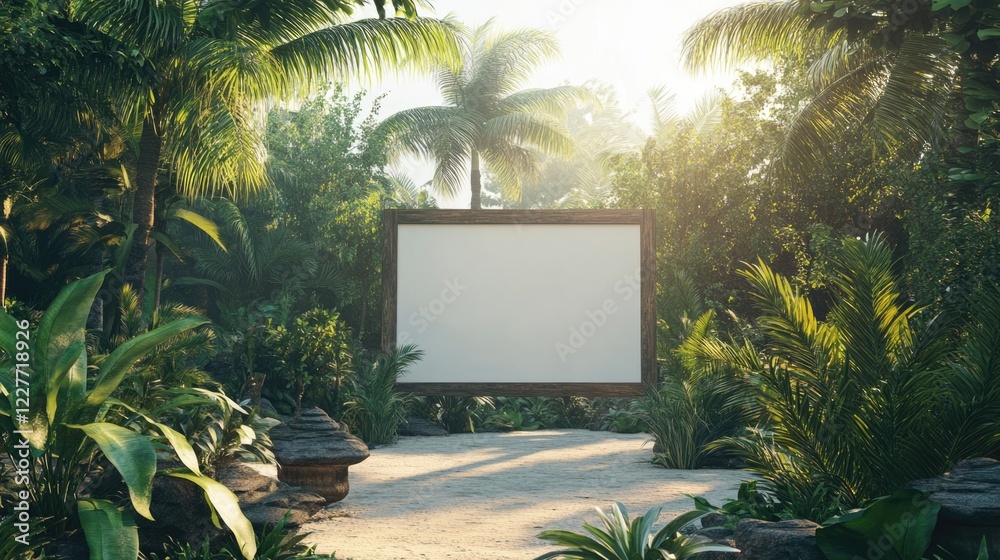 Poster Tropical Paradise with Serene Blank Frame Surrounded by Lush Greenery and Sunlight Filtering Through Palm Trees