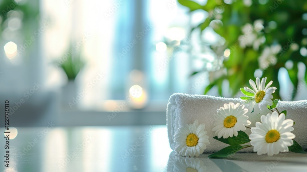 Poster serene housekeeping service desk with clean towels and daisies in a tranquil environment featuring c