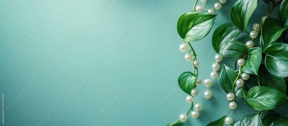 Poster String of pearls and pothos plants with lush green leaves and pearls in a serene setting featuring ample space for text and creative designs