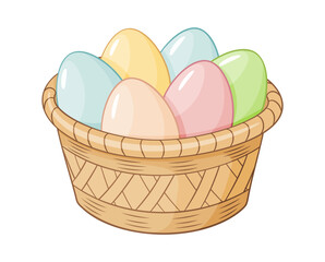 Cartoon Basket with easter eggs doodle style. Happy easter Hand drawn cartoon trendy flat style isolated icon. Springtime holiday gift. Easter basket Vector illustration